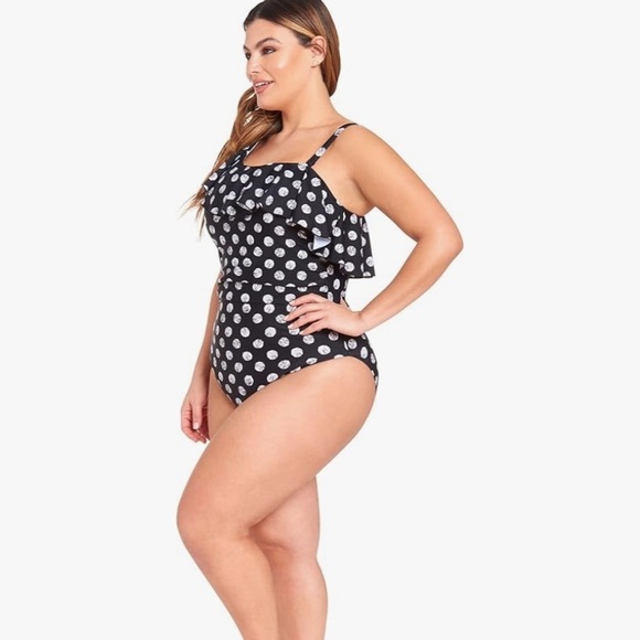 NEW LYSA PLUS Size Black and White Polka Dot One-Shoulder Swimsuit - Picture 2 of 13